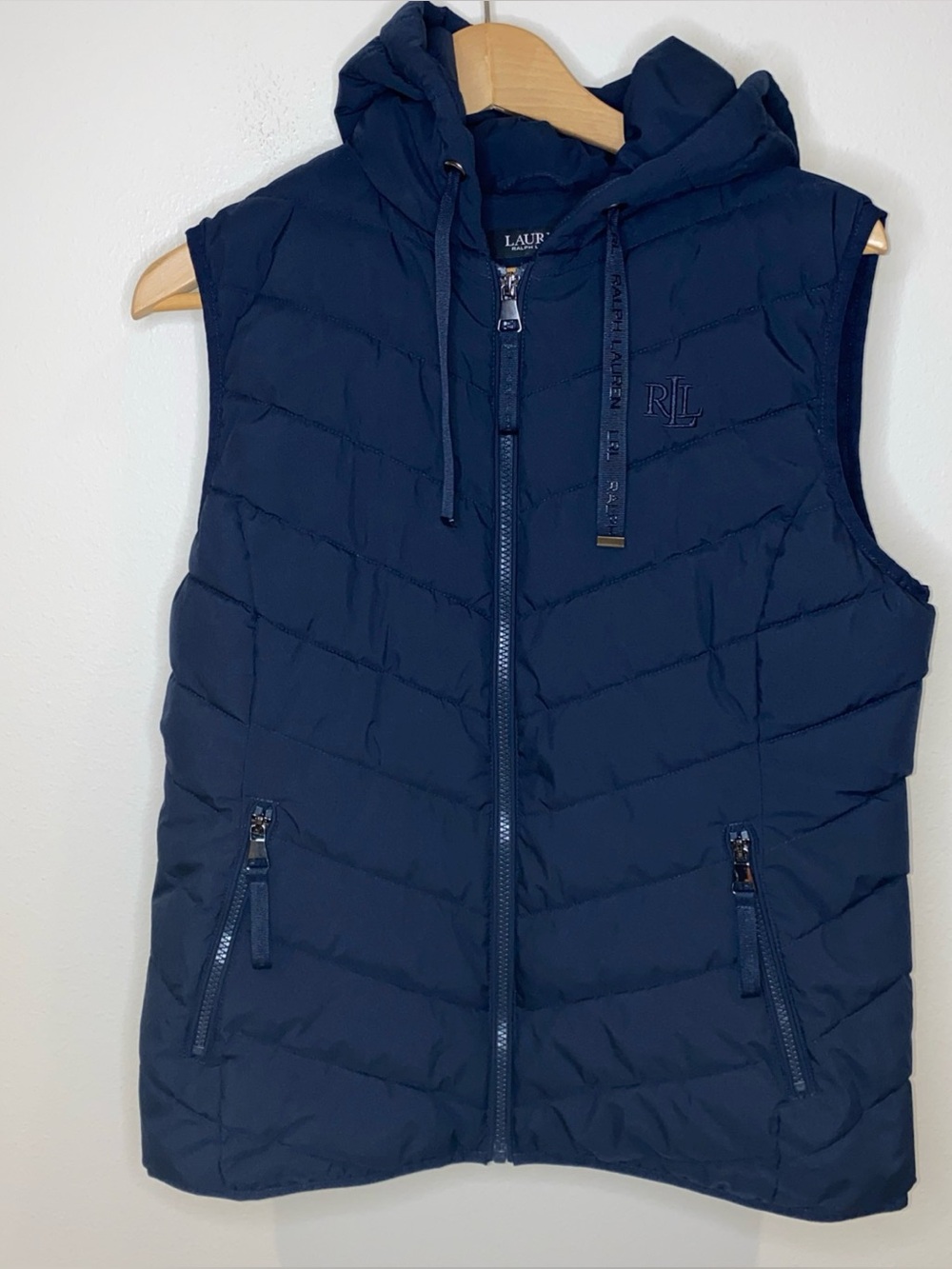 Lauren Ralph Lauren Navy Blue Hooded Puffer Vest Women’s M Full Zip Winter